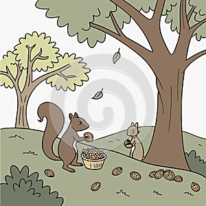 Squirrels collecting nuts under trees vector background