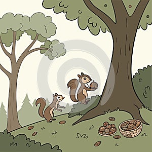Squirrels collecting nuts under trees vector background