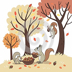Squirrels collecting nuts under trees vector background