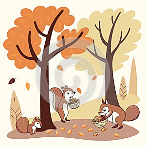 Squirrels collecting nuts under trees vector background
