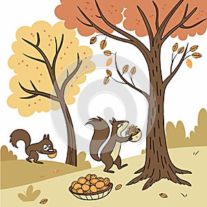Squirrels collecting nuts under trees vector background