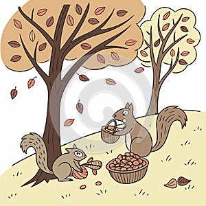 Squirrels collecting nuts under trees vector background