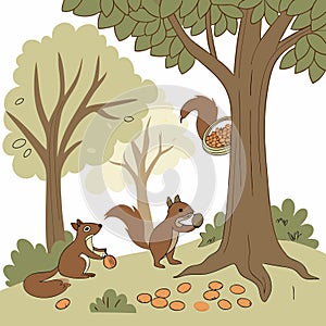 Squirrels collecting nuts under trees vector background