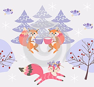 Squirrels drink milk from cups. Cute dreamy fox runs through the winter forest. Wonderful seamless Christmas pattern in vector