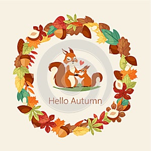 Squirrels surrounded with autumn leaves, branches, acorns, nuts and mushrooms banner vector illustration. Hello autumn