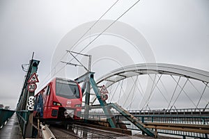 Srbija Voz EMU electrical unit from Serbian railways crossing Zezeljev Most, also called Zezelj bridge, on its way to Belgrade