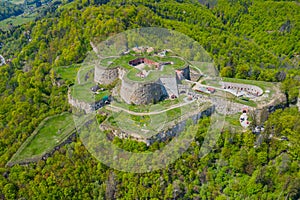 Srebrna Gora fortress with beautiful panorama of Sudety mountains aerial view. Poland