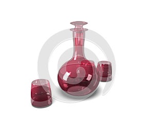 SRed glass bottle and glasses tumblers claret red drink, fluid. Blank isolated  white background. Pitcher with shiny, translucent