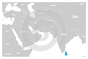 Sri Lanka blue marked in political map of South Asia and Middle East. Simple flat vector map