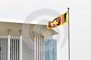 Sri Lanka Ceylon flag against the background Conference Hall in