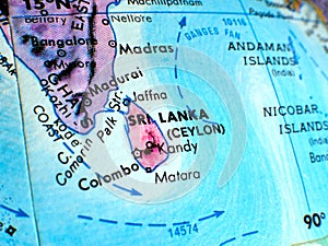 Sri Lanka focus macro shot on globe map for travel blogs, social media, website banners and backgrounds.