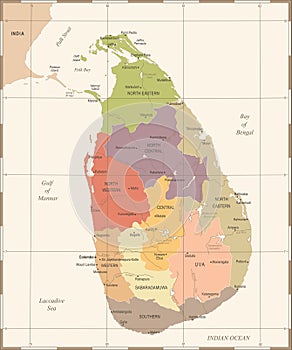 Sri Lanka Map - Vintage Detailed Vector Illustration photo