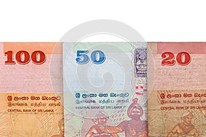 Sri lankan banknotes of 100,20,50 rupees isolated on white background with clipping path