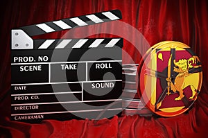 Sri Lankan cinematography, film industry, cinema in Sri Lanka. Clapperboard with and film reels on the red fabric, 3D rendering