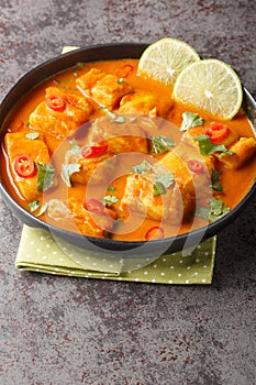 Sri Lankan Fish Curry, Thora Malu close up on a plate. Vertical