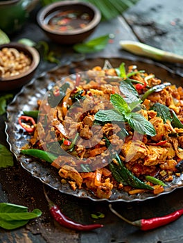 Sri Lankan kottu, chopped roti stir-fried with vegetables and chicken, served on a metal plate. A flavorful and
