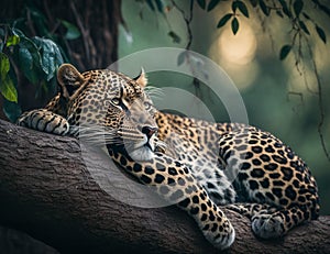 A Sri Lankan Leopard lounging on a tree branch in the lush jungle.