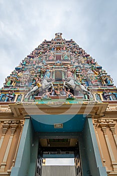 Sri Mahamariamman Temple main tower with colorful figures in Kuala Lumpurs oldest Hindu temple