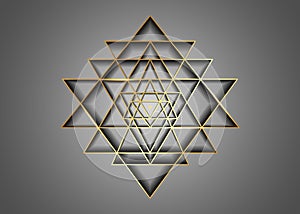 Sri Yantra, Gold Sacred geometry, symbol of Hindu tantra formed by nine interlocking triangles that radiate logo sign