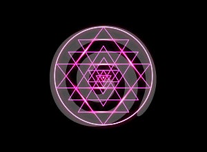 Sri Yantra Sacred geometry, pink neon sign chakras symbol of Hindu tantra formed by nine interlocking triangles that radiate logo