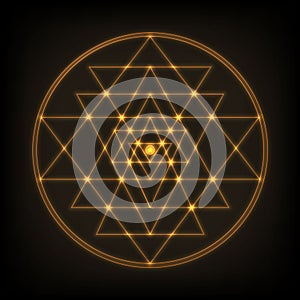 Sri Yantra - symbol of formed by nine interlocking triangles that radiate out from the central point. Sacred geometry.