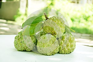 Srikaya fruit Annona squamosa with leaves, from top view, isolated white background.