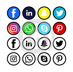 Social media icons , colorful and black & white, Isolated on white background.