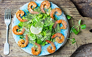 Srimp lettuce salad on blue plate, wooden rustic background