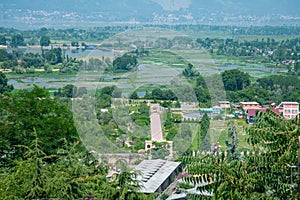 Srinagar city view with lake and mountain form Durrani Fort, Hari Parbat. Srinagar, India