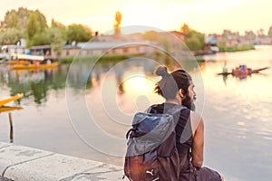 Banks of Dal lake, Srinagar, Kashmir, India at golden sunset.