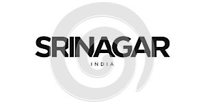 Srinagar in the India emblem. The design features a geometric style, vector illustration with bold typography in a modern font.