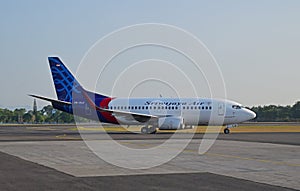 Sriwijaya Air plane is seen moving on airport runway in Indonesia