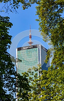 Srodmiescie downtown business district of Warsaw city center with Marriott hotal Tower at Aleje Jerozolimskie avenue in Poland