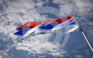 Srpska national flag waving at sky background close-up