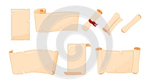 Srt of blank ancient paper scrolls and parchments. Vector illustration
