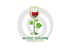 Green Grape Leaf with Wine Whiskey Glass Logo Design Vector