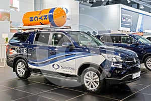 SsangYong Musso car at the Brussels Autosalon Motor Show. Belgium - January 18, 2019