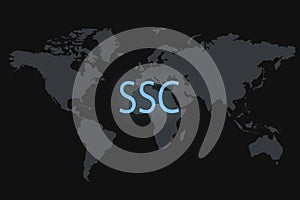 SSC inscription on a dark background and a world map