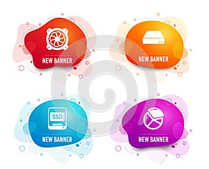 Ssd, Mini pc and Computer fan icons. Pie chart sign. Memory disk, Computer, Pc ventilator. Presentation graph. Vector