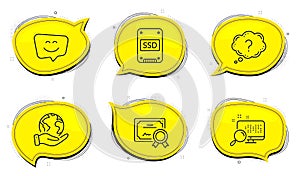 Ssd, Search and Smile face icons set. Question mark sign. Solid-state drive, Find file, Chat. Quiz chat. Vector