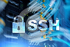 SSH, Secure Shell protocol and software. Data protection, internet and telecommunication concept