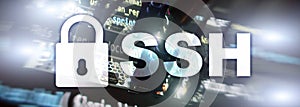 SSH, Secure Shell protocol and software. Data protection, internet and telecommunication concept. Web site header.