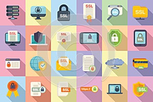 SSL certificate icons set flat vector. Ssl security