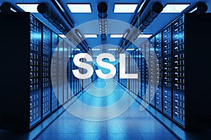 Ssl logo in large modern data center with multiple rows of network internet server racks, 3D Illustration