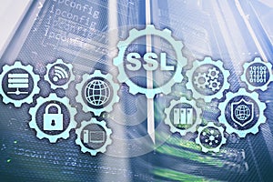 SSL Secure Sockets Layer concept. Cryptographic protocols provide secured communications. Server room background.