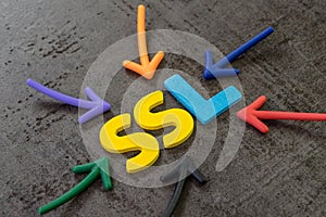 SSL, Secure Sockets Layer concept, multi color arrows pointing to the word SSL at the center of black cement chalkboard wall,