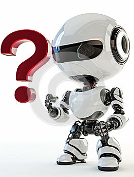 Ssmall chat robot posing with a large red question mark, white isolated backgroun