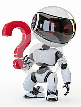 Ssmall chat robot posing with a large red question mark, white isolated backgroun