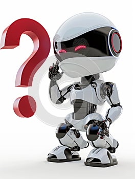 Ssmall chat robot posing with a large red question mark, white isolated backgroun