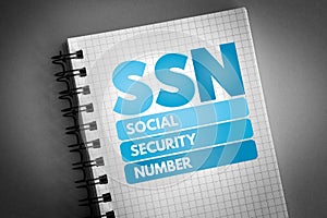 SSN - Social Security Number acronym on notepad, concept background photo